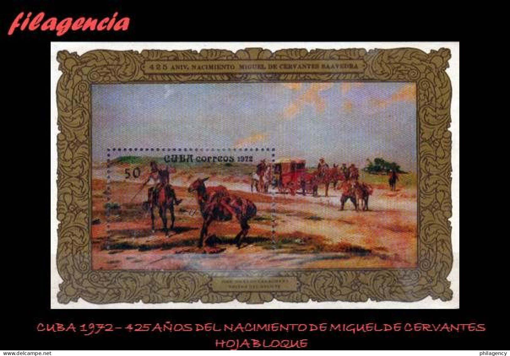 CUBA MINT. 1972-18 425 NATALICIO DE MIGUEL DE CERVANTES. PINTURAS. HOJA BLOQUE - Nuevos