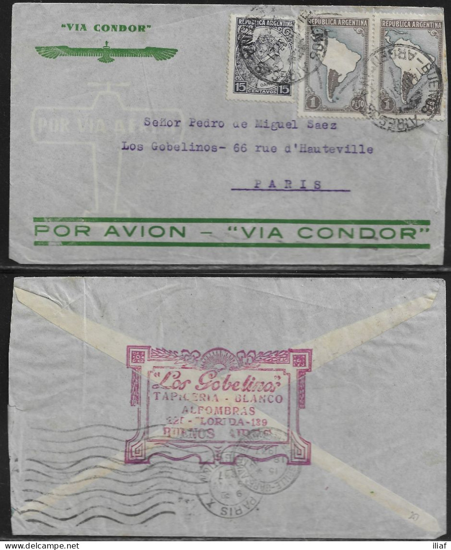 Argentina. Stamps Sc. 435 And Sc. 446 On Air Mail Letter “Via Condor”, Sent From Buenos Aires On 4.04.37 To France. - Briefe U. Dokumente
