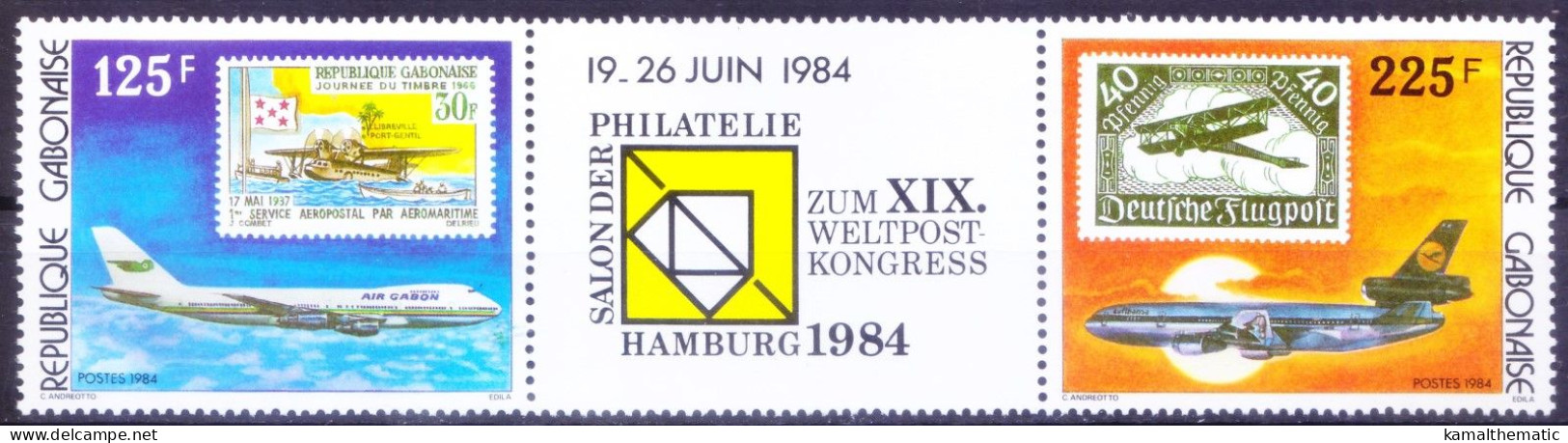 Gabon 1984 MNH 2v + Label, World UPU Congress, Airplane - - UPU (Universal Postal Union)