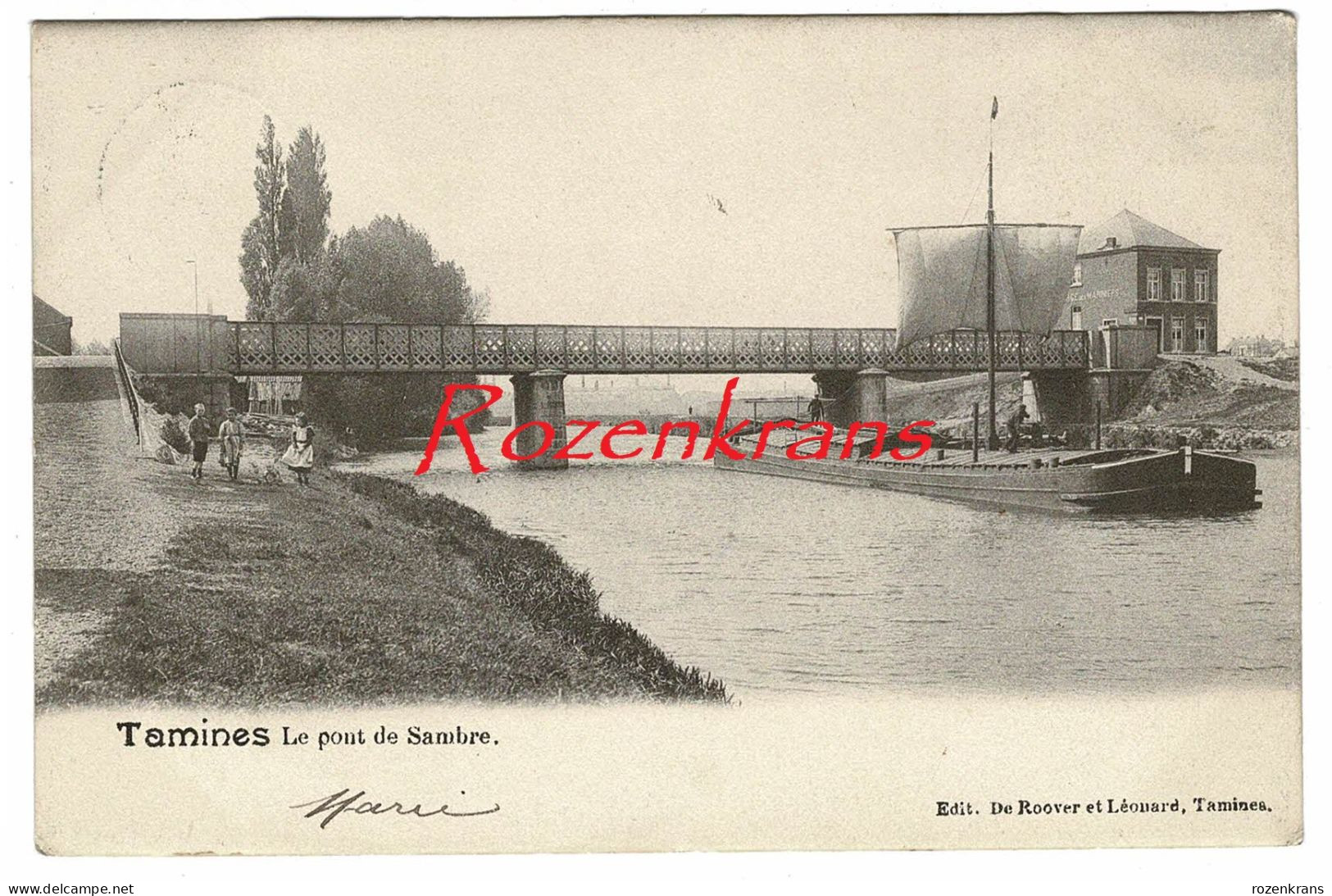 TAMINES (Sambreville) Le Pont De Sambre CPA RARE Animee Namen Namur Province Peniche A Voile Barge Binnenschip - Sambreville