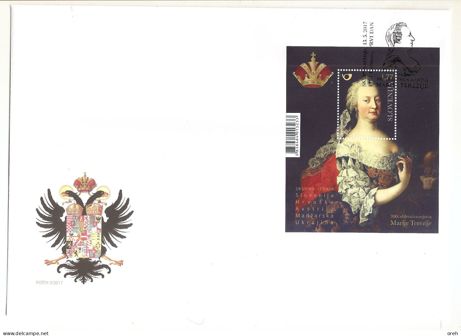 SLOVENIA 2017,300TH ANNIVERSARY OF THE BIRTH OF EMPRESS MARIA THERESA,MARIJA TEREZIJA,,BLOCK,COAT OF ARMS,FDC - Emissions Communes