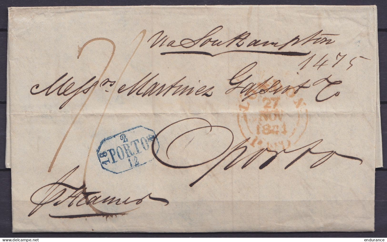 Grande Bretagne - L. "via Steamer" Càd "LONDON /27 NOV 1844/ PAID" Pour PORTO Via Southampton - Càd Arrivée "PORTO /2/12 - Postmark Collection