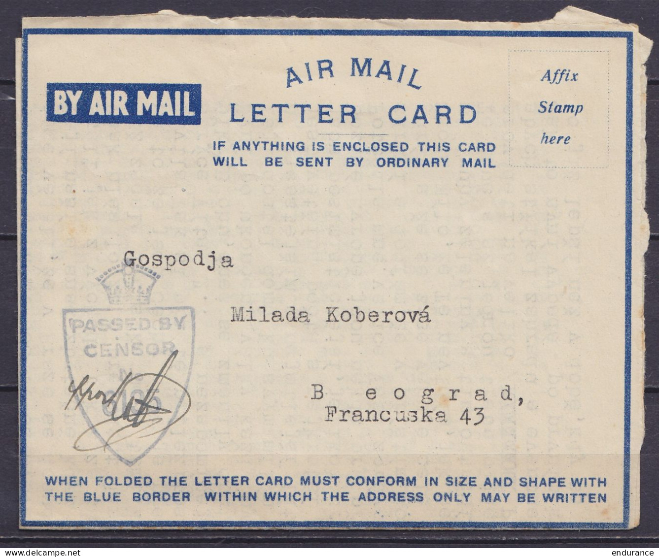 Air Mail Letter Card En Franchise Datée 15 Mai 1945 De JERUSALEM Pour BEOGRAD - Cachet Censure Militaire - Palestine