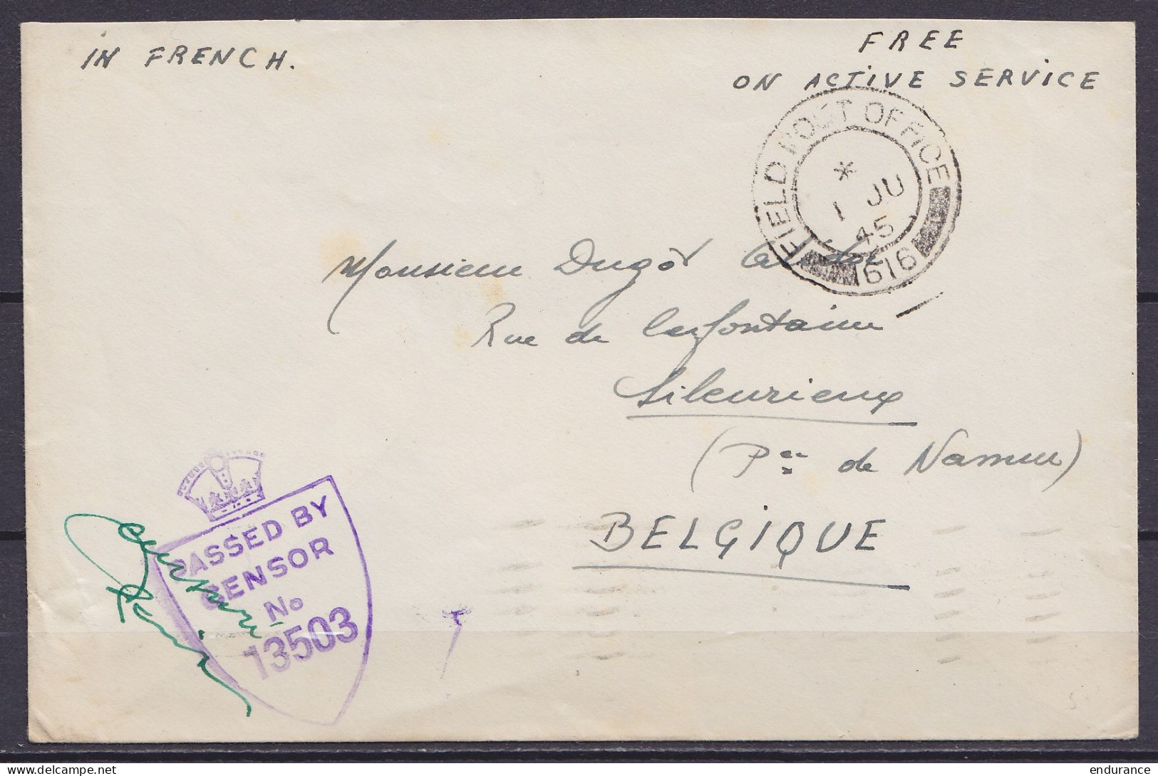 LSC (sans Texte) En Franchise Càd FIELD POST OFFICE 1616  /1 JU 1945 Pour SILENRIEUX - Man. "FREE ON ACTIVE SERVICE" - C - Guerre 40-45 (Lettres & Documents)