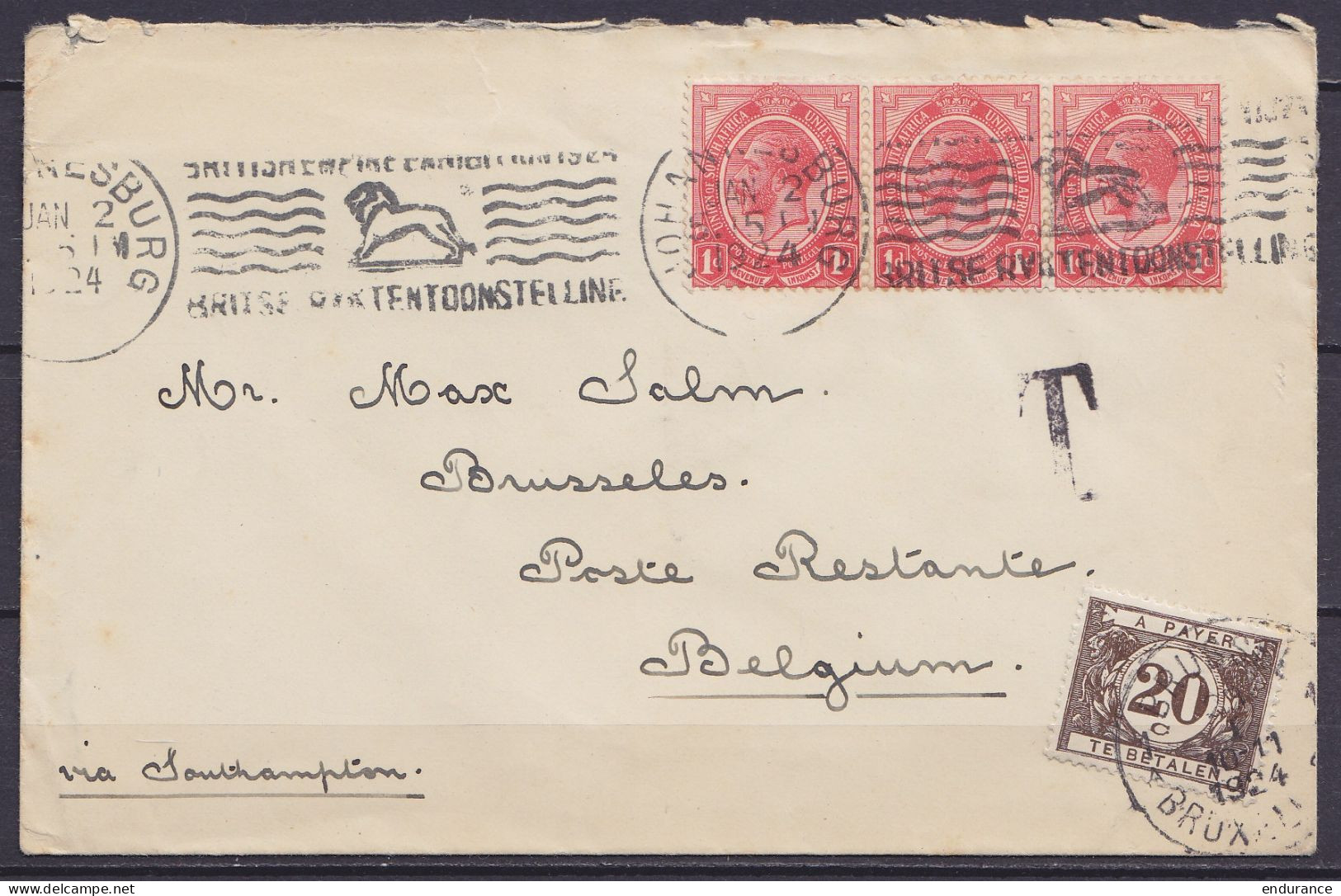 Afrique Du Sud - L. Affr. 3d Flam. (lion) JOHANNESBURG /JAN 2 1924 Pour Et Taxée 20c à BRUXELLES Via Southampton - Covers & Documents
