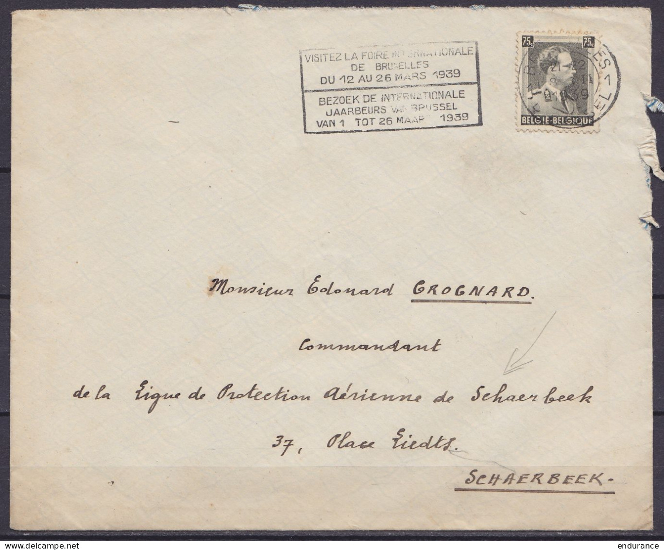 L. Affr. N°480 Flam. BRUXELLES 1/8 II 1939 Pour Commandant De La Ligne De Protection Aérienne De Schaerbeek - 1936-1957 Open Kraag