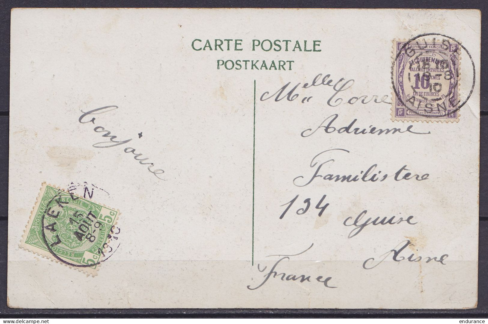 CP Exposition Bruxelles 1910 Affr. N°83 Pour Et Taxé 10c à GUISE (Aisne France) - 1893-1907 Coat Of Arms