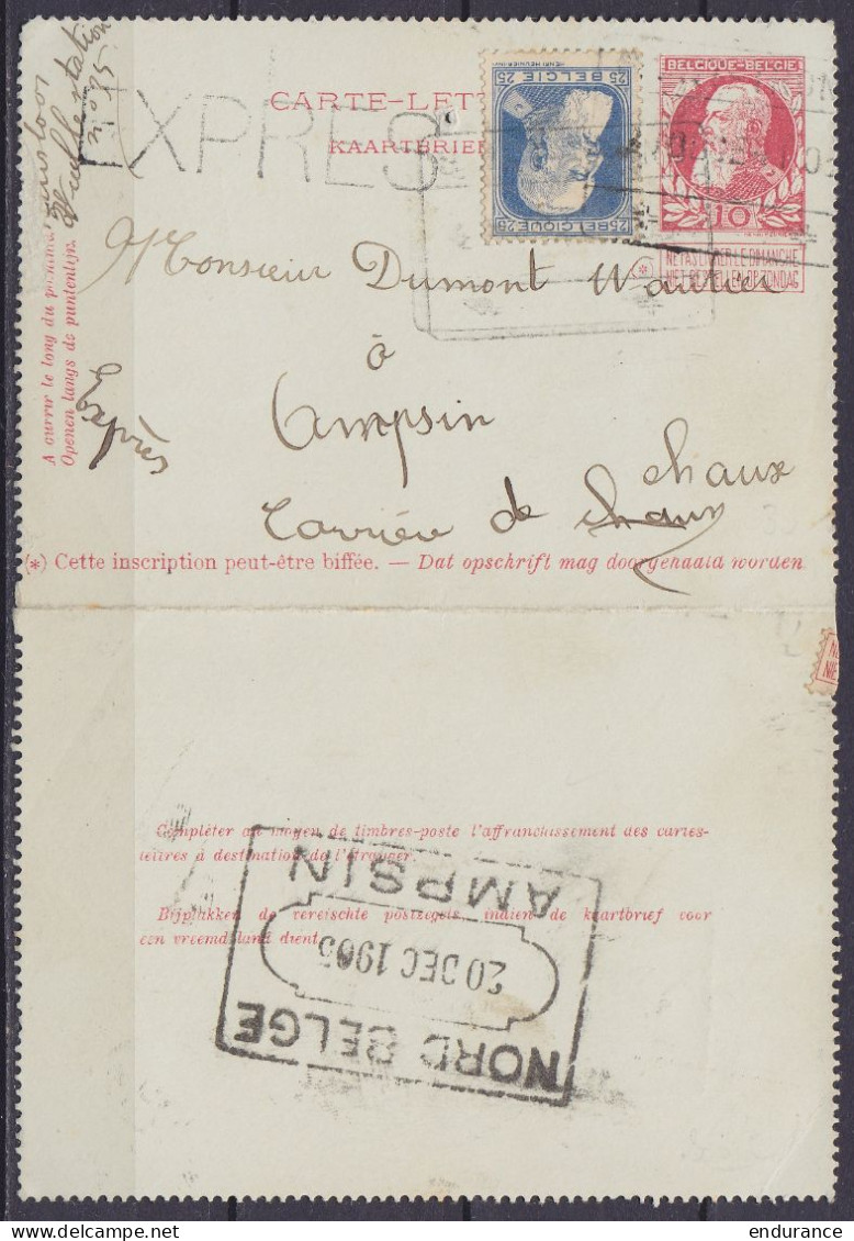 Carte-lettre 10c (N°74) + N°76 EXPRES Càd [SAINT-TROND /20 DEC 1905] Pour AMPSIN - RR Càd Arrivée [NORD BELGE /20 DEC 19 - Postbladen