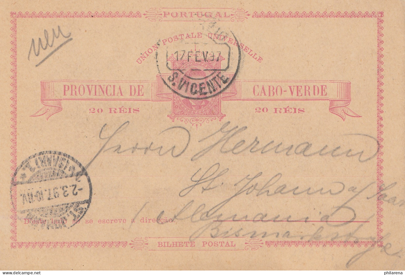 Cabo Verde: 1897: Post Card St. Vicente To St. Johann - Cap Vert