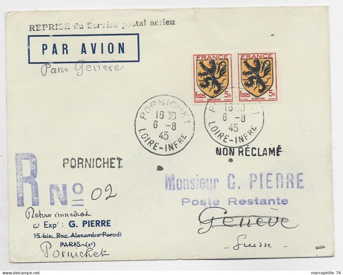 BLASON 5FR FLANDRE PAIRE LETTRE COVER REC PROVISOIRE AVION PORNICHET 6.8.1945 POUR GENEVE - 1941-66 Armoiries Et Blasons