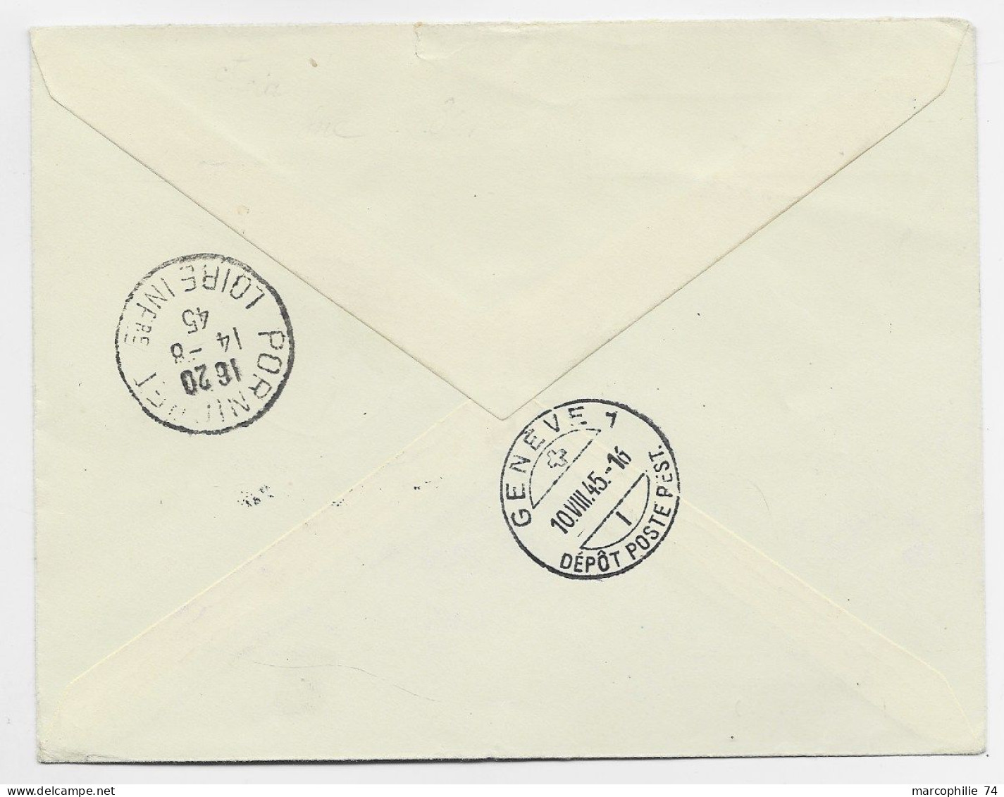 BLASON 5FR FLANDRE PAIRE LETTRE COVER REC PROVISOIRE AVION PORNICHET 6.8.1945 POUR GENEVE - 1941-66 Armoiries Et Blasons