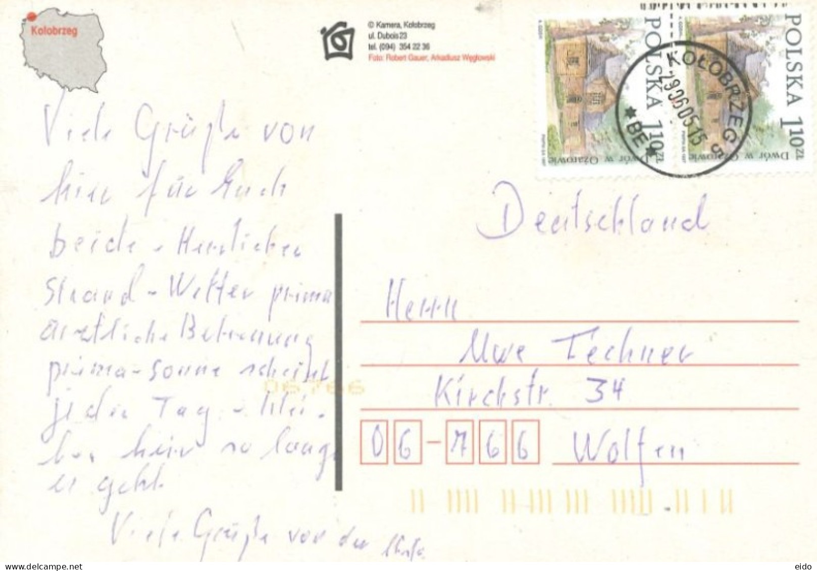 POLAND - 2005 - KOLOBRZEG POSTCARD WITH STAMPS. - Usados