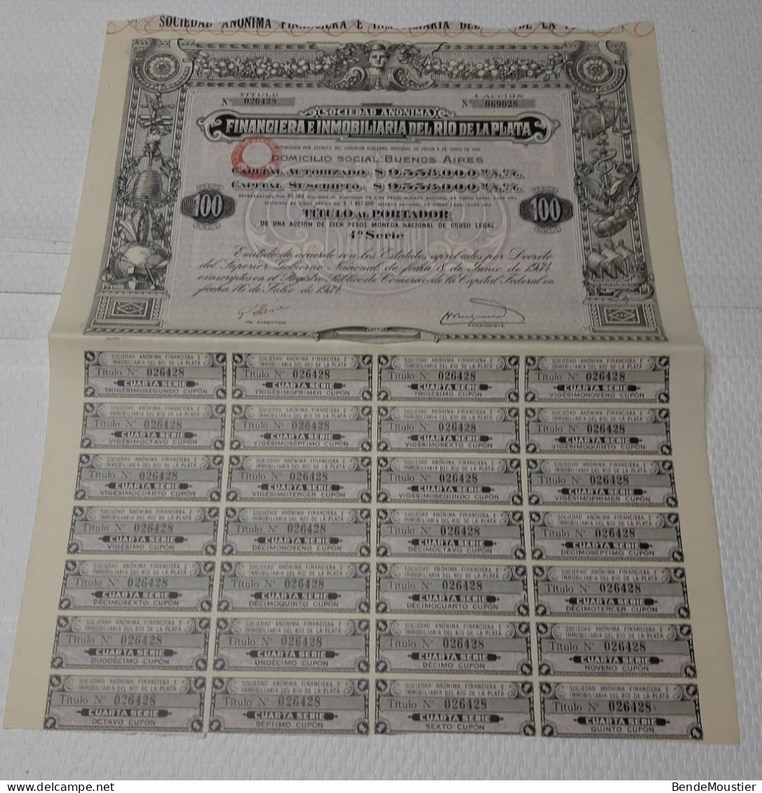 S.A. Financiera E Immobiliaria Del Rio De La Plata - Titulo Al Portador D'una Accion - Buenos Aires 1934. - Banque & Assurance