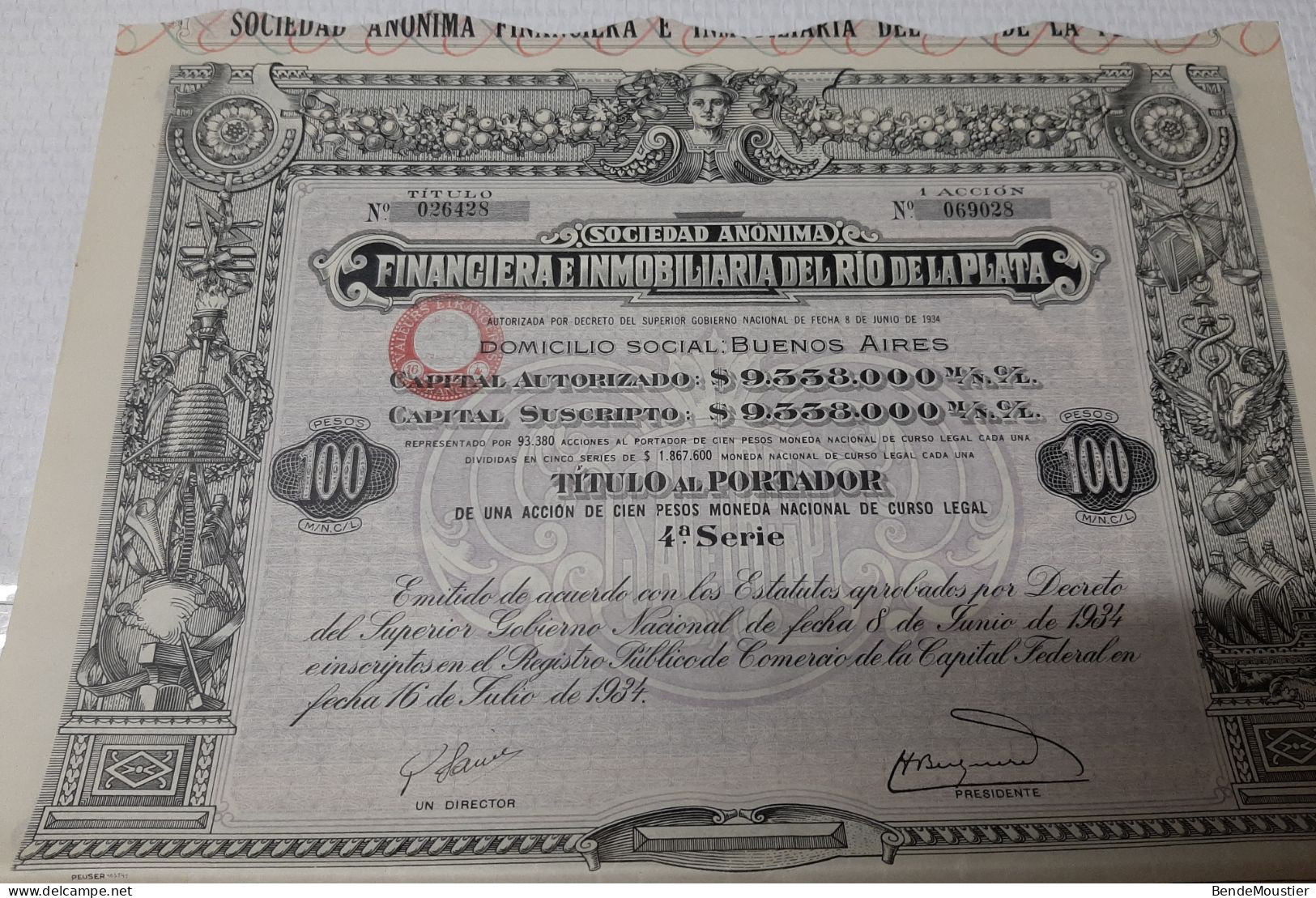 S.A. Financiera E Immobiliaria Del Rio De La Plata - Titulo Al Portador D'una Accion - Buenos Aires 1934. - Banque & Assurance