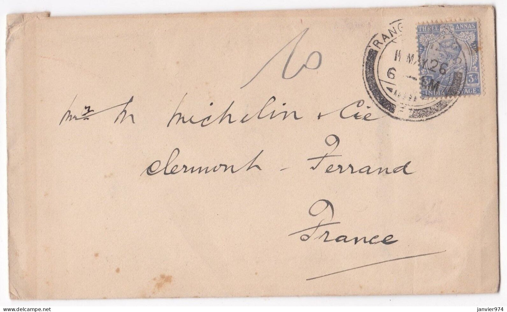 Enveloppe 1926 National Bank Of India Rangoon Pour MICHELIN Cie Clermont Ferrand France - Birmanie (...-1947)