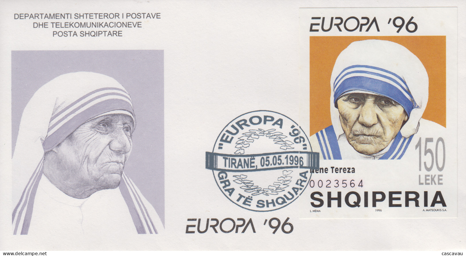 Enveloppe  FDC  1er  Jour   ALBANIE   Bloc  Feuillet   MERE  TERESA    EUROPA    1996 - 1996