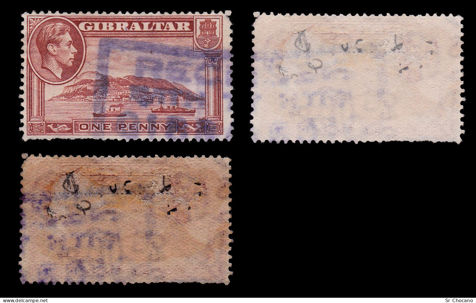 GIBRALTAR.1942.GVI.1d.red Brown.SG 122b.USED.Wnk Sideways Perf 13 - Gibraltar