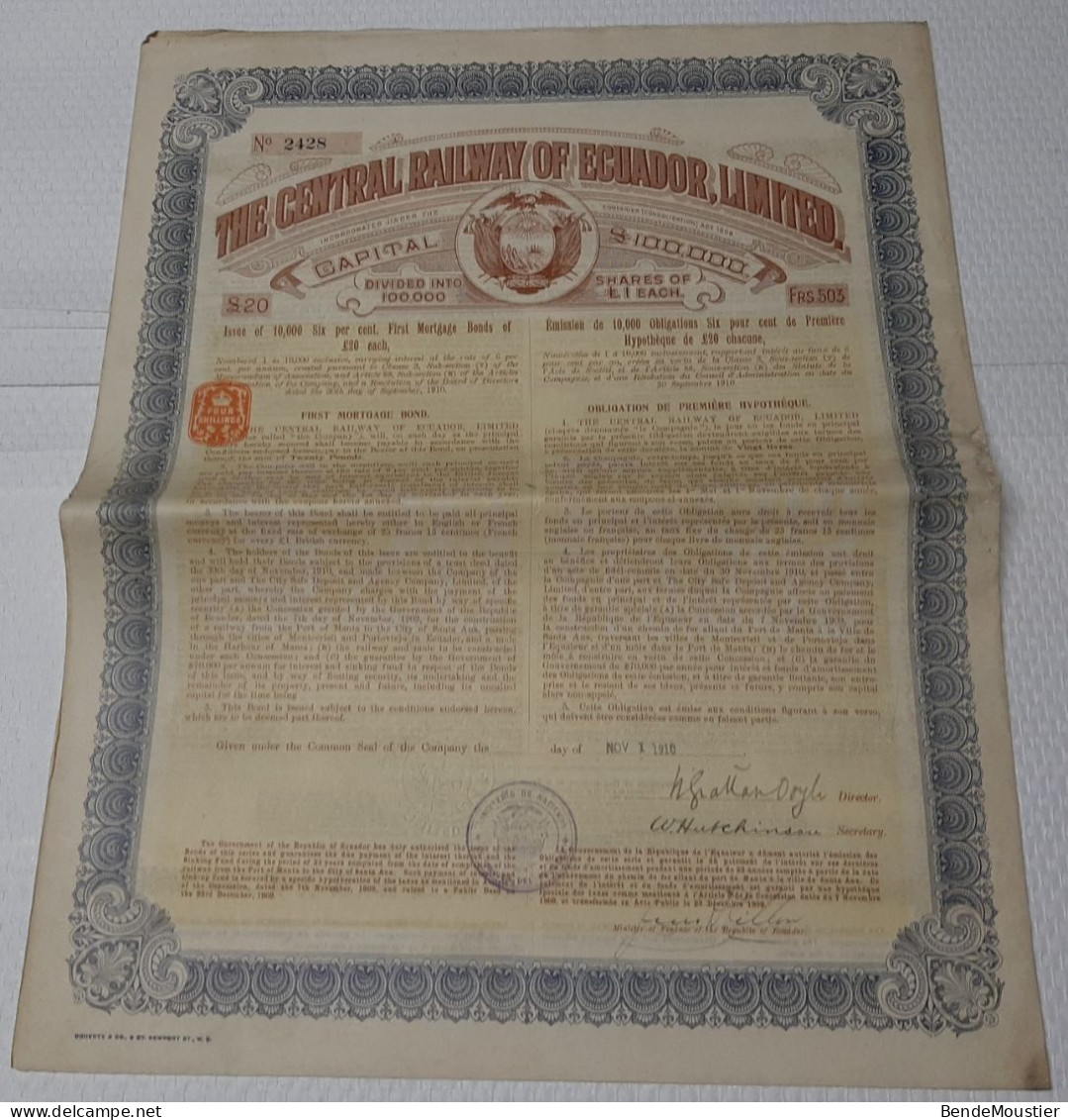 The Central Railway Of Ecuador, Limited - Obligation De 1er Hypothèque - 1910. - Bank En Verzekering