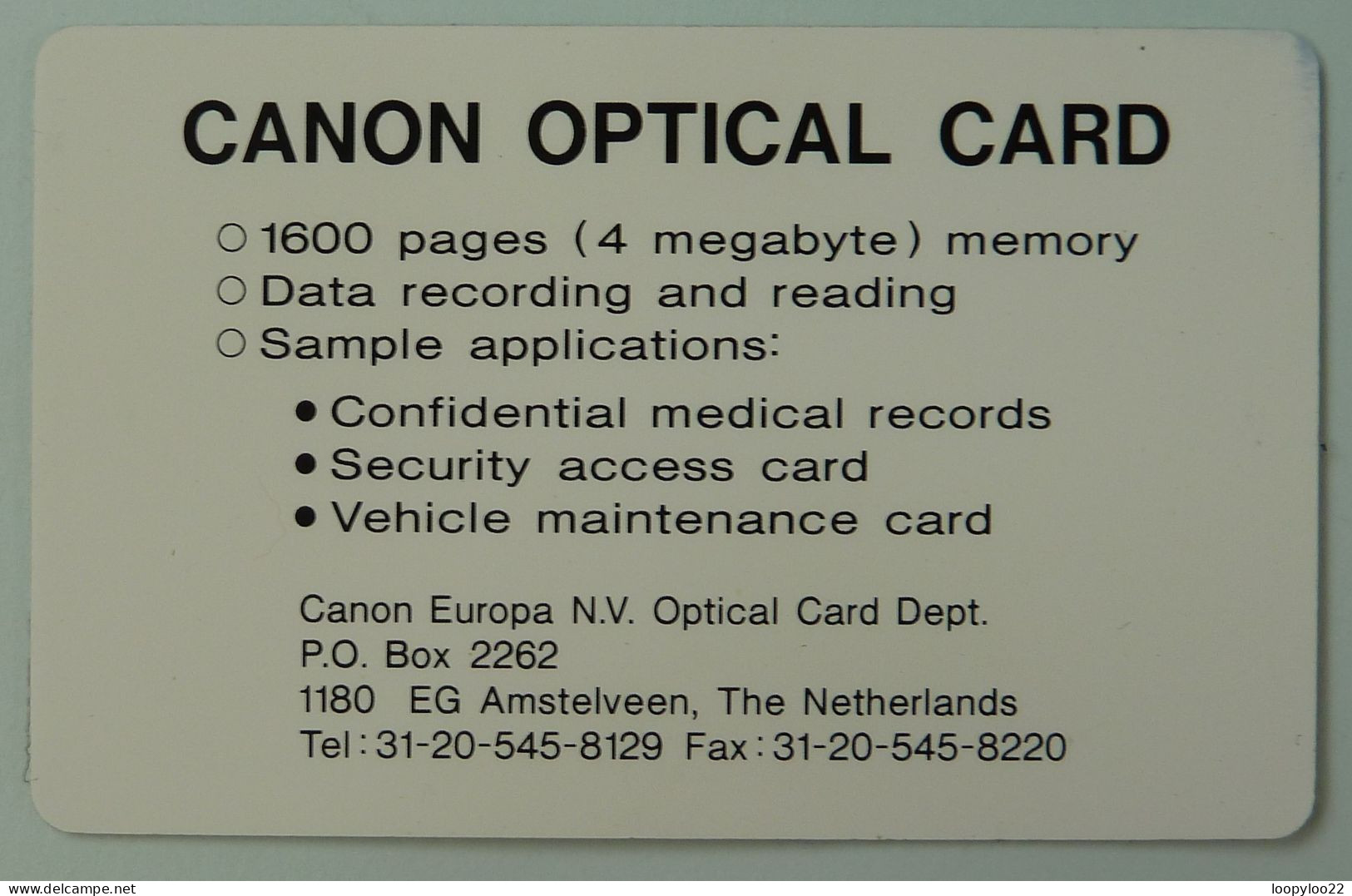 NETHERLANDS - Canon Optical Card - Sample - Sonstige & Ohne Zuordnung