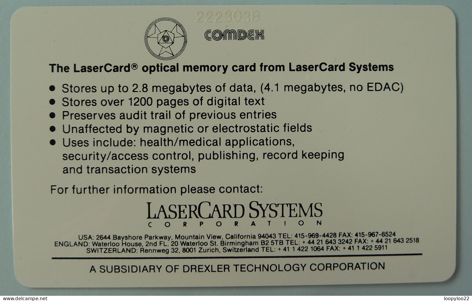 SWITZERLAND - UK - USA -  LaserCard Systems - Sample - With Control Number - In Original Envelope - Schweiz