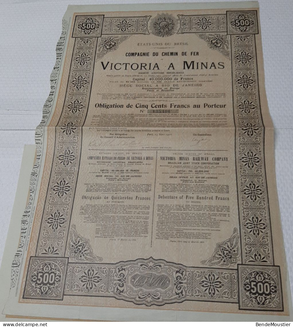 Brésil - Compagnie Du Chemin De Fer De Victoria A Minas - Obligation De  500 Frs. Au Porteur - Rio De Janeiro 1906. - Chemin De Fer & Tramway