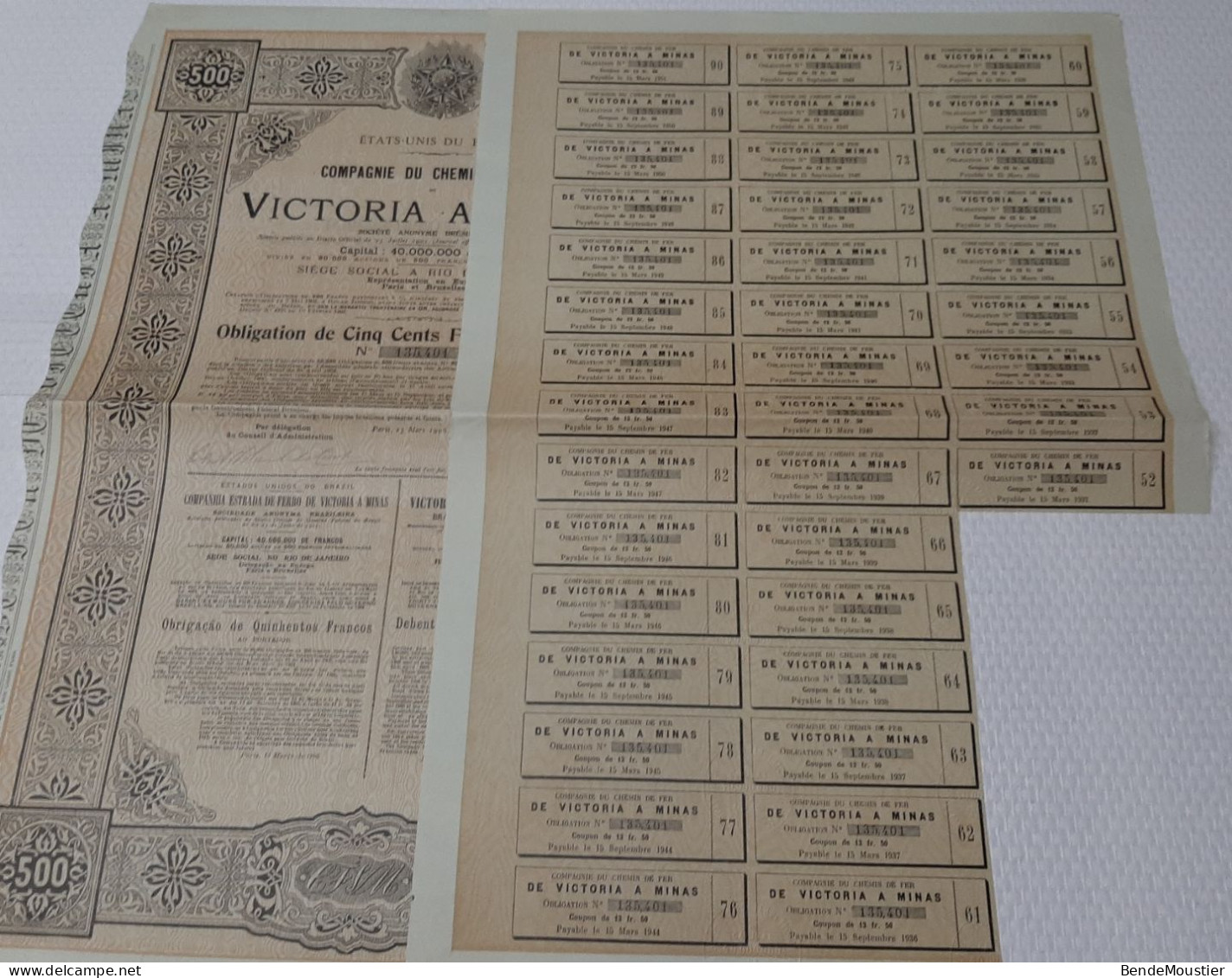 Brésil - Compagnie Du Chemin De Fer De Victoria A Minas - Obligation De  500 Frs. Au Porteur - Rio De Janeiro 1906. - Ferrocarril & Tranvías