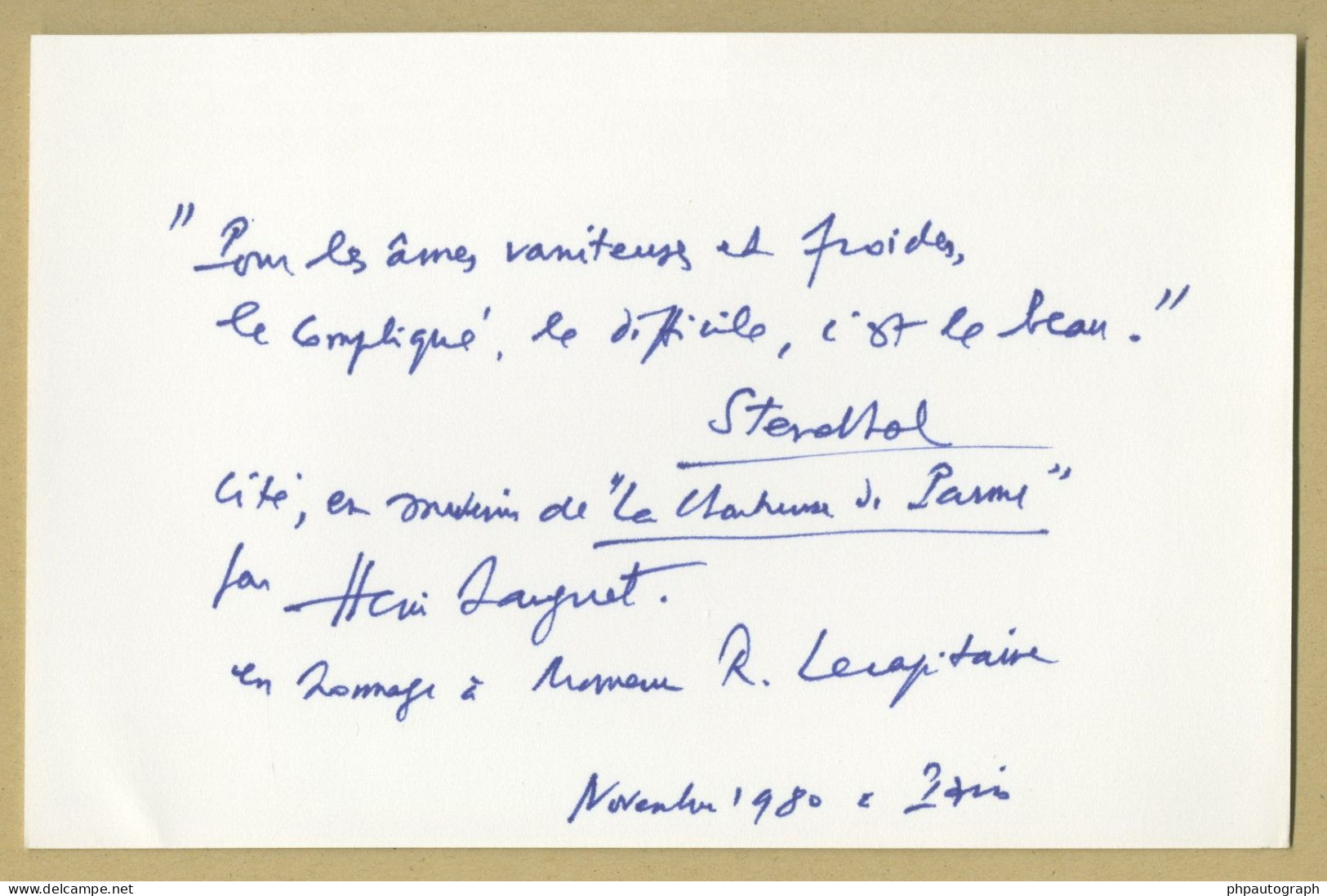 Henri Sauguet (1901-1989) - Compositeur - Rare Citation Autographe Signée - 1980 - Chanteurs & Musiciens