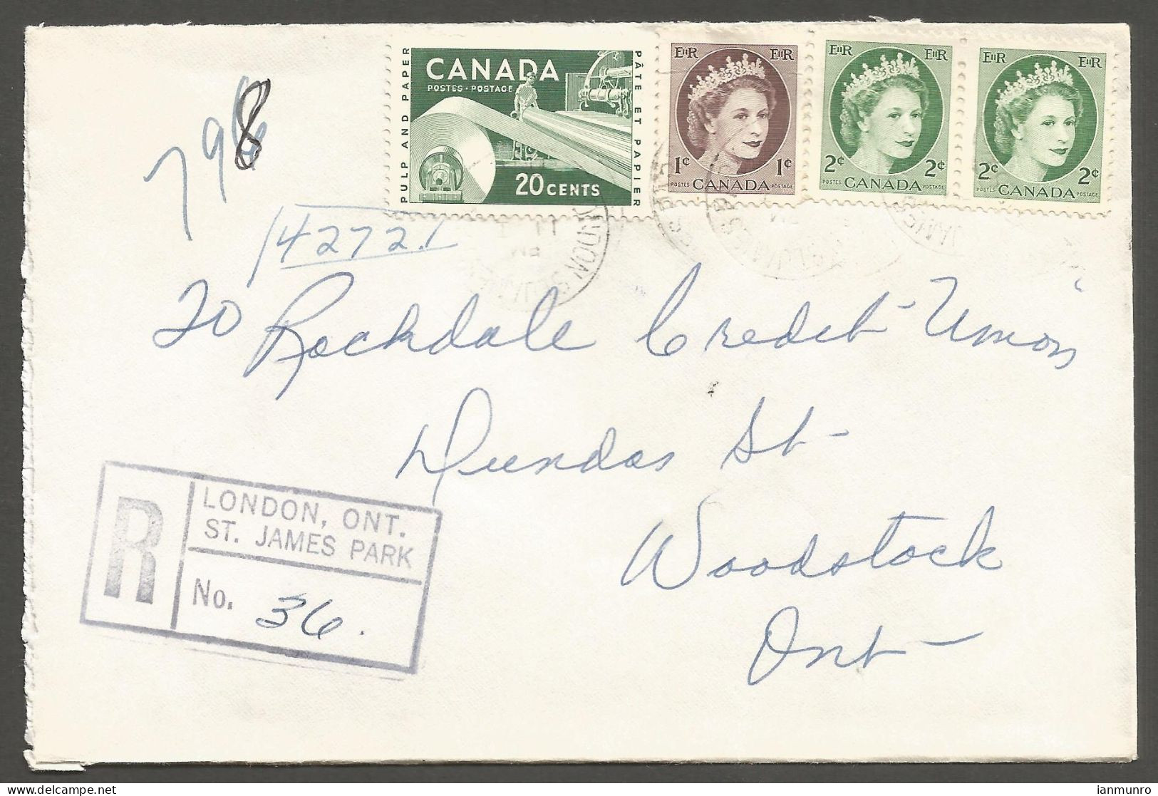 1962 Registered Cover 25c Paper/Wildings CDS London St James Park Ontario Woodstock - Postal History