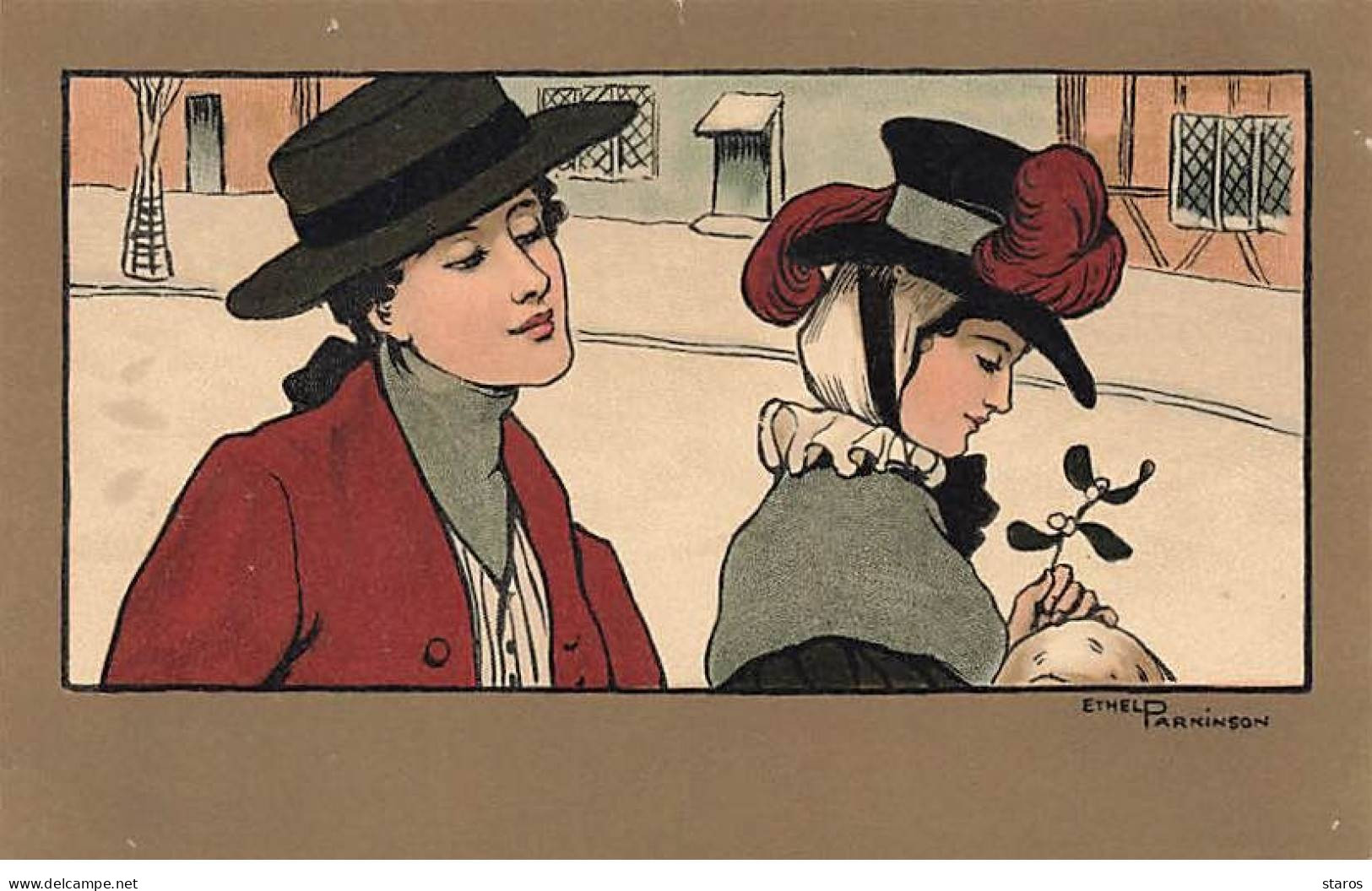 Illustrateur - Ethel Parkinson - Jeune Homme Regardant Une Jeune Femme Admirant Une Feuille De Gui - Parkinson, Ethel