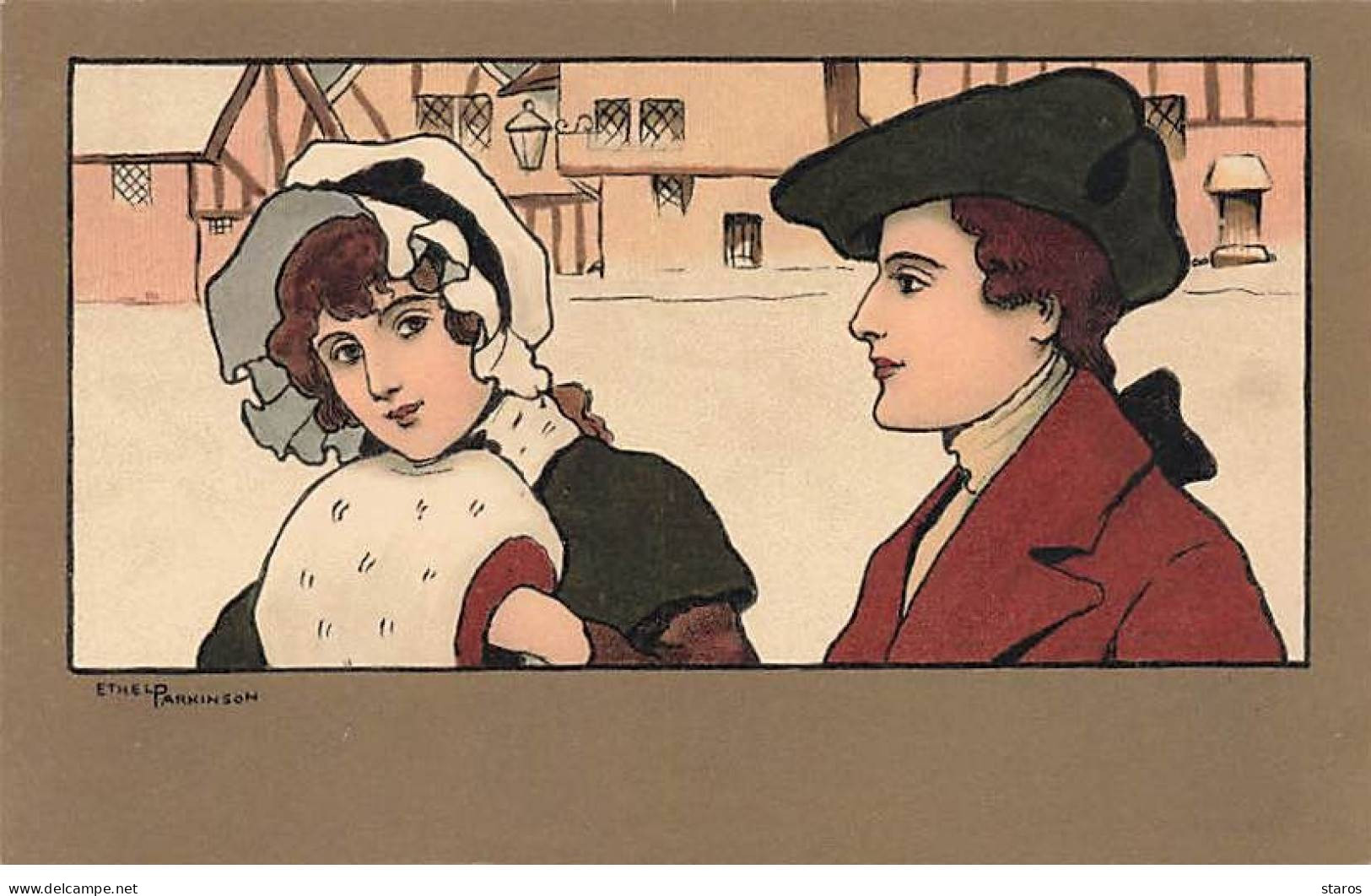 Illustrateur - Ethel Parkinson - Jeune Homme Regardant Une Jeune Femme Se Réchauffant Avec Un Manchon - Parkinson, Ethel
