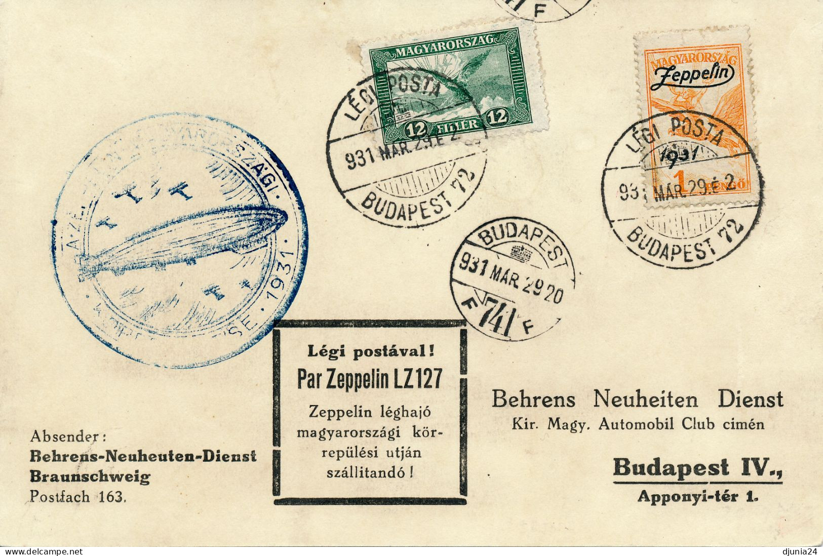 BF0447 / UNGARN - BUDAPEST  -  1929  ,  Karte Mit Zeppelin LZ 127 Befördert   -   Michel 430 , 478 - Briefe U. Dokumente