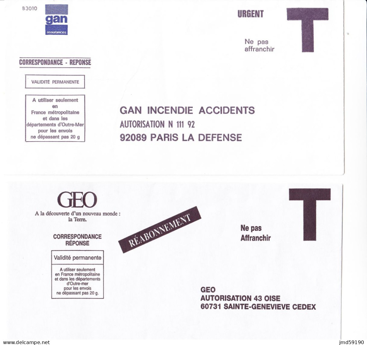 Lot De 6 Enveloppes Réponse T De Marques GEO - GAN - HANDICAP INTERNATIONAL - MNT Et CAISSE D'EPARGNE - Kaarten/Brieven Antwoorden T