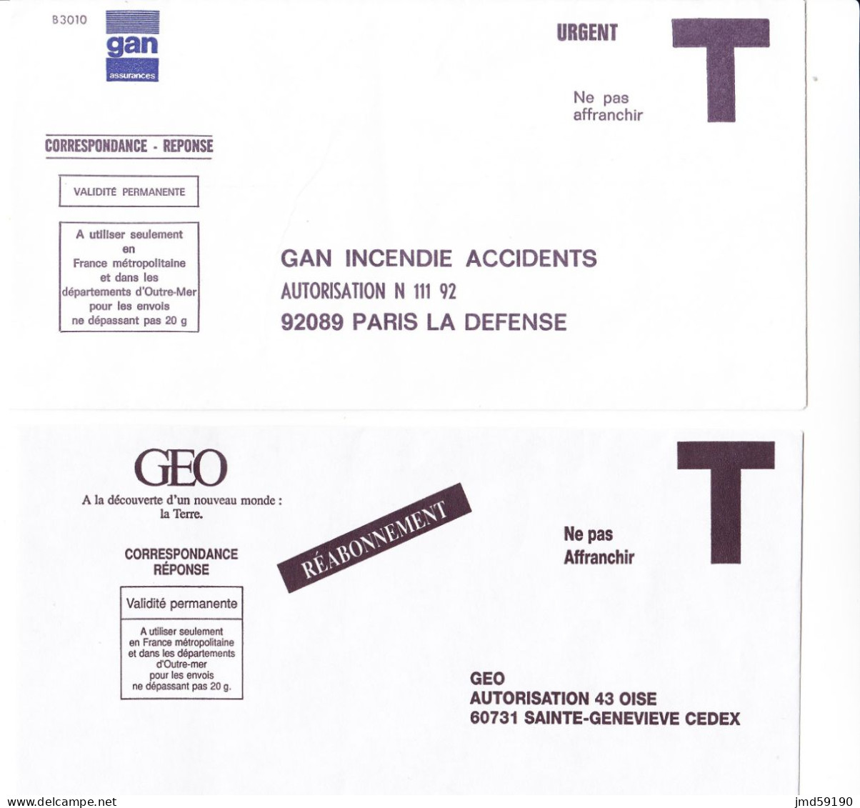 Lot De 6 Enveloppes Réponse T De Marques GEO - GAN - HANDICAP INTERNATIONAL - MNT Et CAISSE D'EPARGNE - Cartes/Enveloppes Réponse T