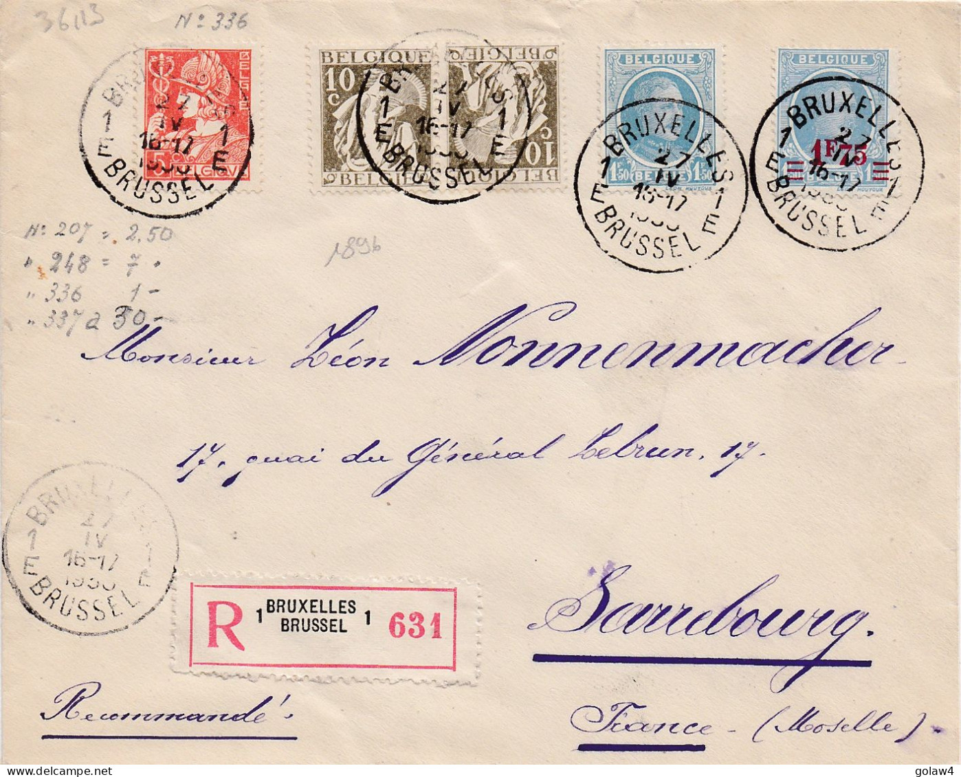 36113# TYPE CERES TETE BECHE LETTRE RECOMMANDEE Obl BRUXELLES BRUSSEL 1933 SARREBOURG MOSELLE - Tête-bêche [KP] & Interpanneaux [KT]