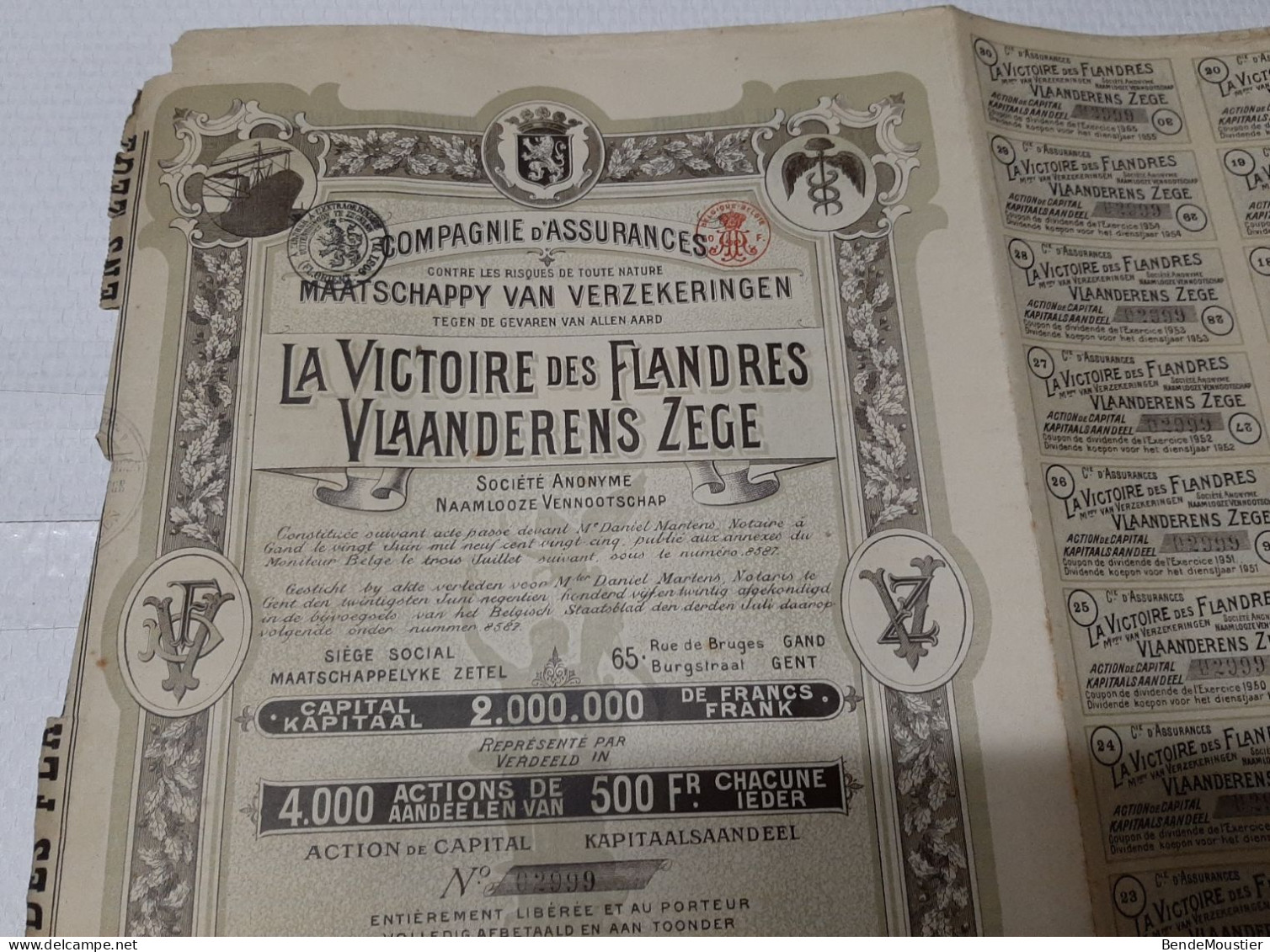 La Victoire Des Flandres - Vlannderens Zege - Kapitaalsaandeel Volledig Afbetaald En Aan Toonder - Gent 1925. - Bank & Versicherung