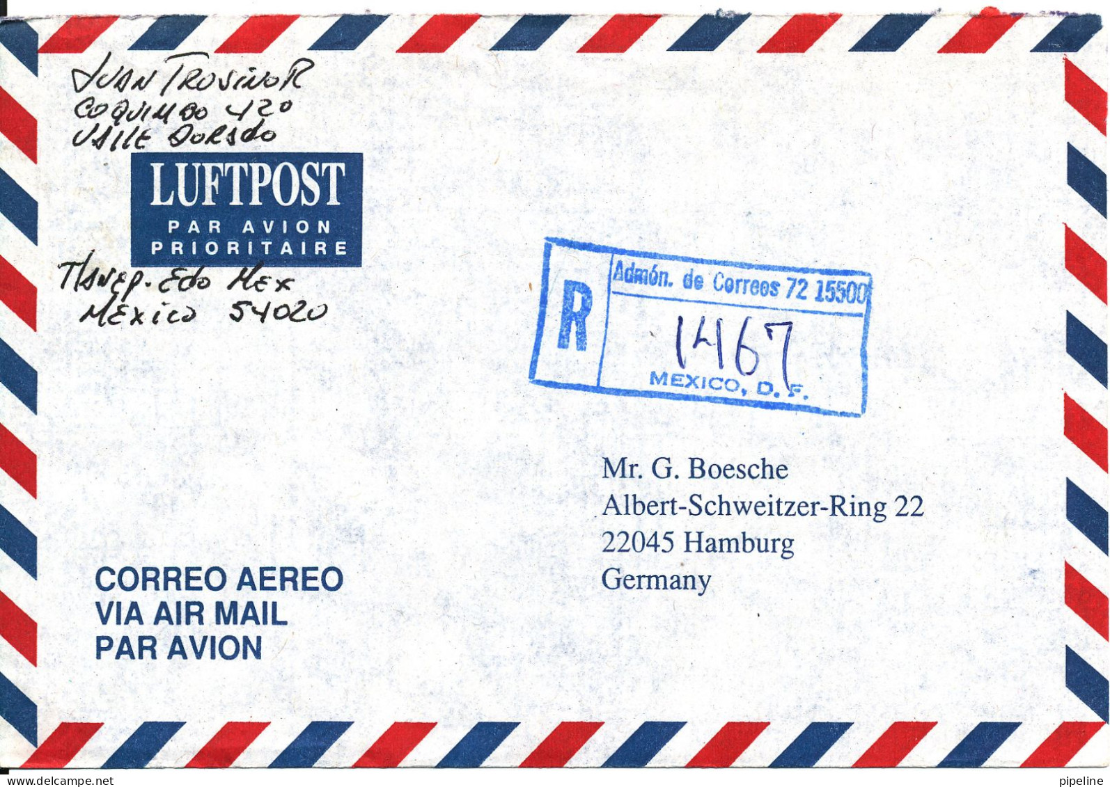 Mexico Registered Air Mail Cover Sent To Germany All Stamps Are On The Backside Of The Cover - Mexico