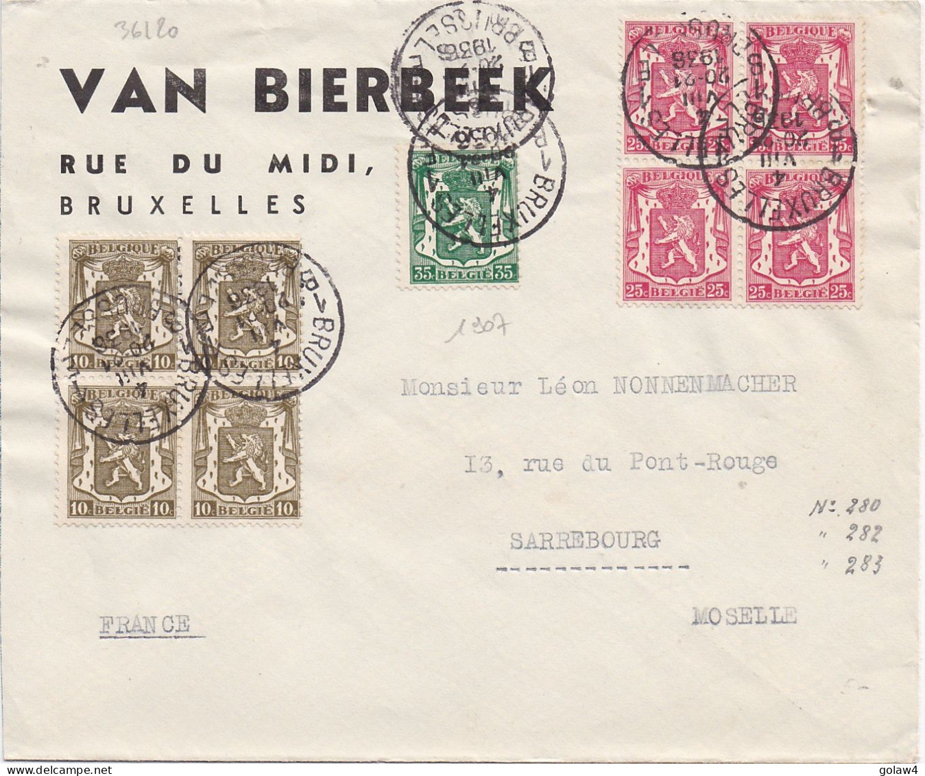 36120# TYPE PETIT SCEAU DE L'ETAT LETTRE Obl BRUXELLES 1B BRUSSEL 1E 1936 SARREBOURG MOSELLE - 1935-1949 Piccolo Sigillo Dello Stato