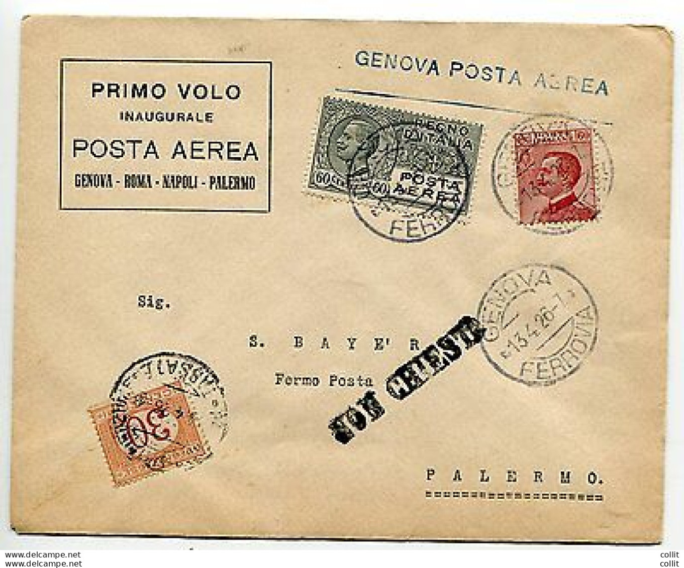 1° Volo Genova Palermo Del 13.4.26 - Poststempel (Flugzeuge)