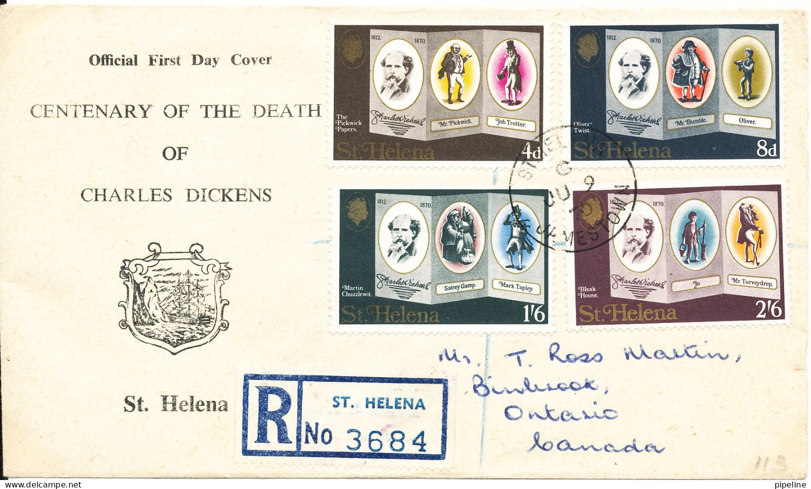 Saint Helena Island Registered FDC 9-6-1970 Charles Dickens Complete Set Of 4 With Cachet Sent To Canada - Saint Helena Island