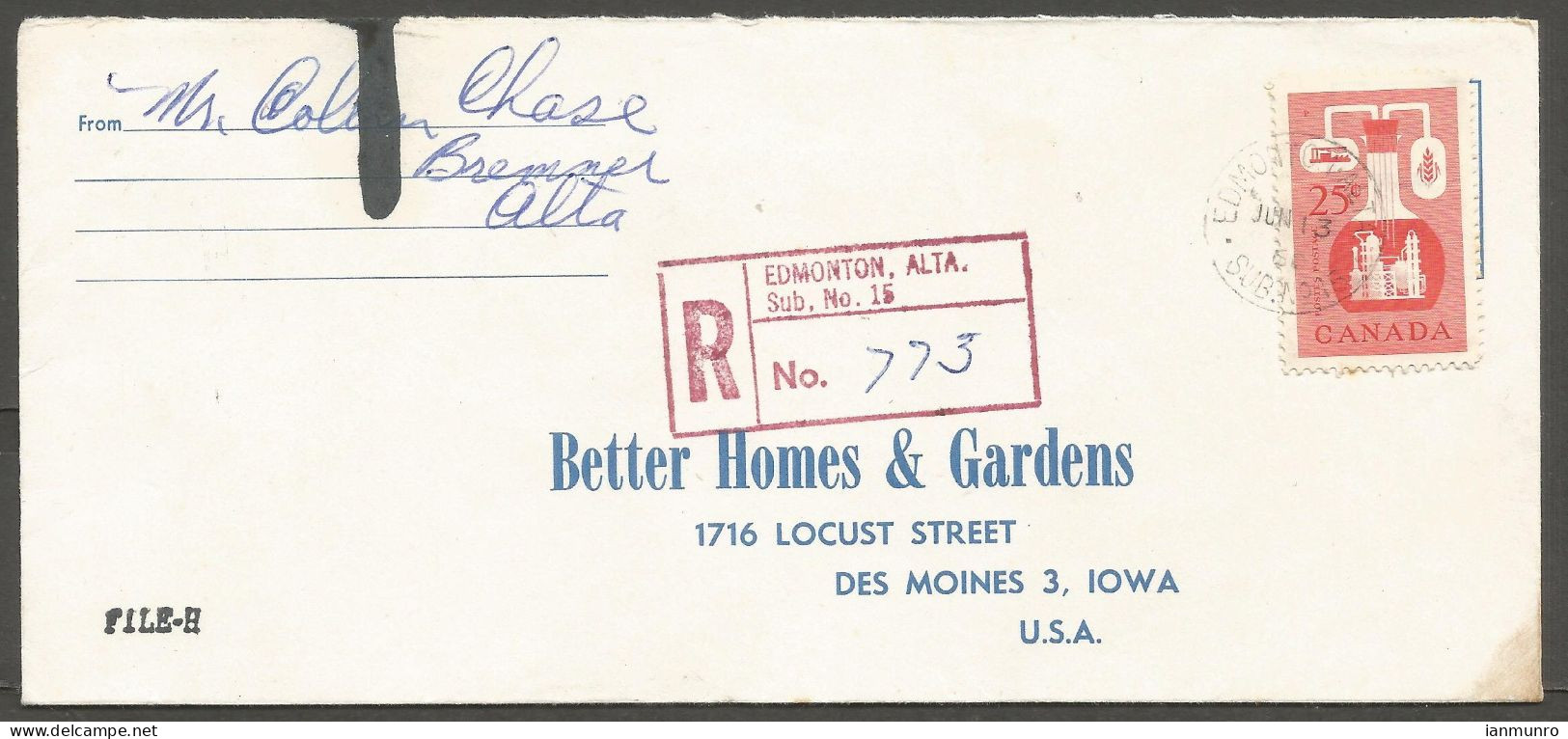 1960 Better Homes & Gardens Registered Cover 25c Chemical CDS Edmonton Sub No 15 Alberta - Postgeschiedenis