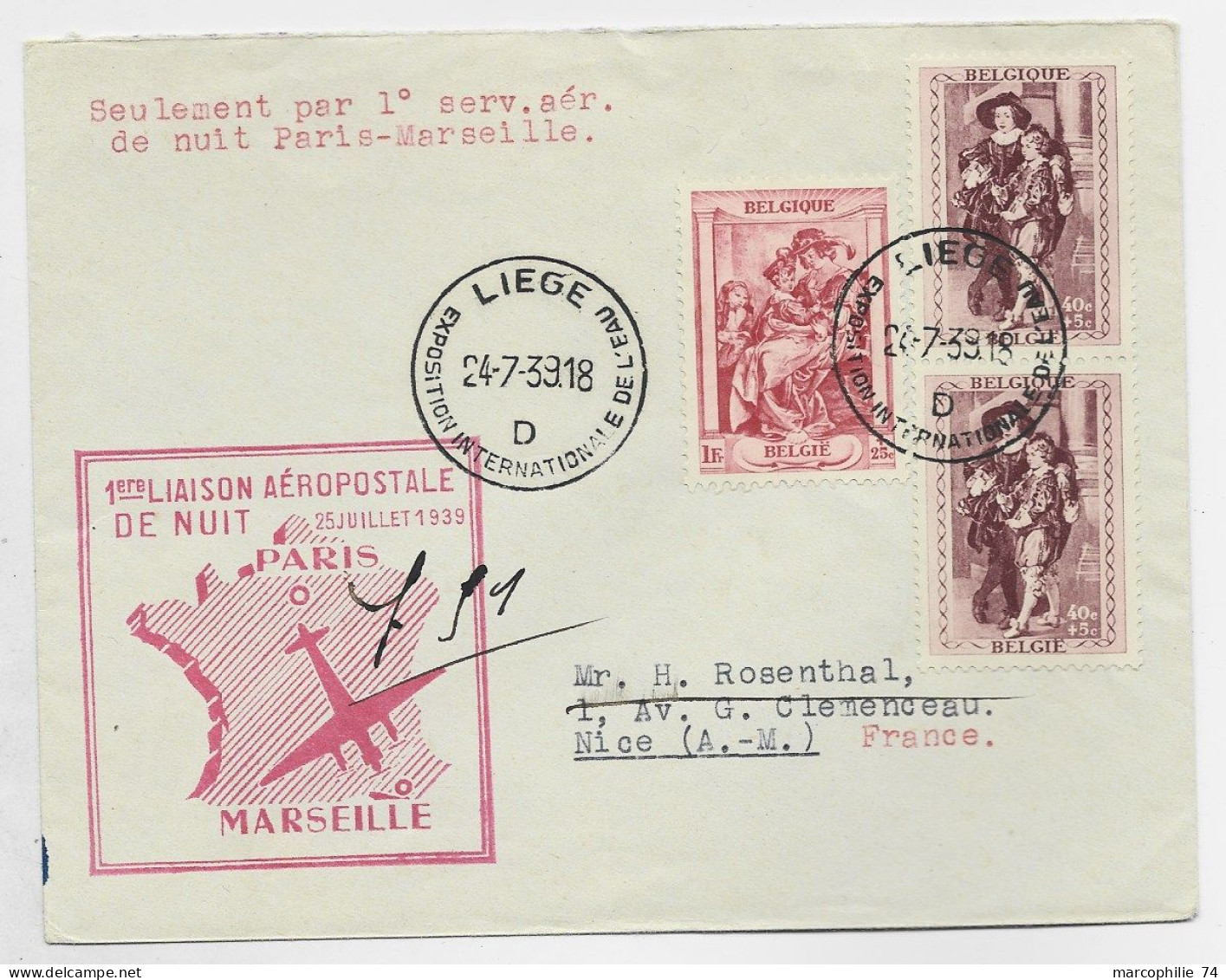 BELGIQUE 1FR+40C SURTAXE PAIRE  LETTRE COVER LIEGE 24.7.1939 TO FRANCE 1ERE LIAISON AEROPOSTALE NUIT - Lettres & Documents