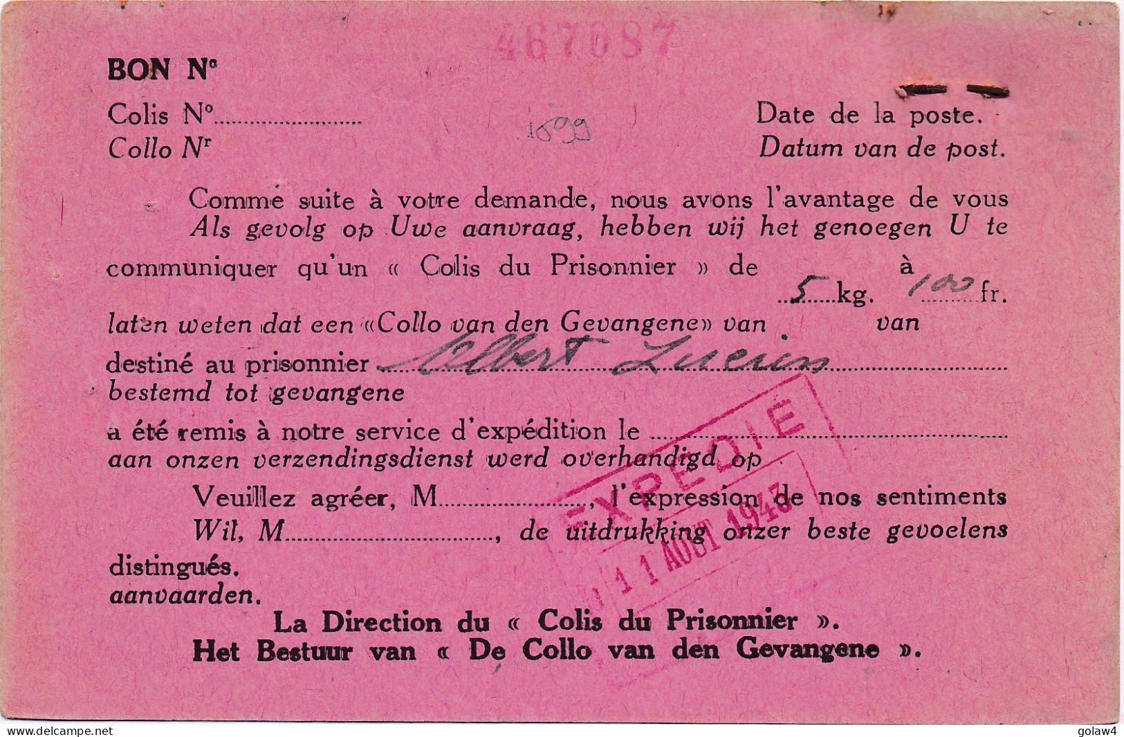 36130# CARTE FRANCHISE CROIX ROUGE ROODE KRUIS BELGIQUE COLIS DU PRISONNIER ACCUSE RECEPTION BRUXELLES 1943 ATTERT - WW II (Covers & Documents)