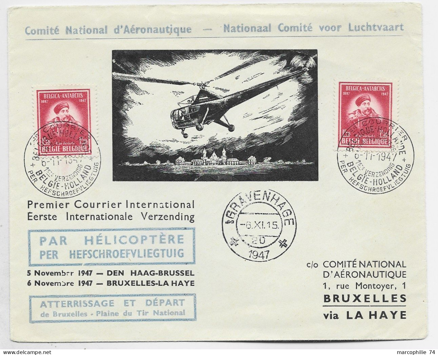 BELGIQUE  1FR55X2 LETTRE COVER PAR HELICOPTERE BELGIE HOLLAND 1947 TO VIA LA HAYE - Covers & Documents