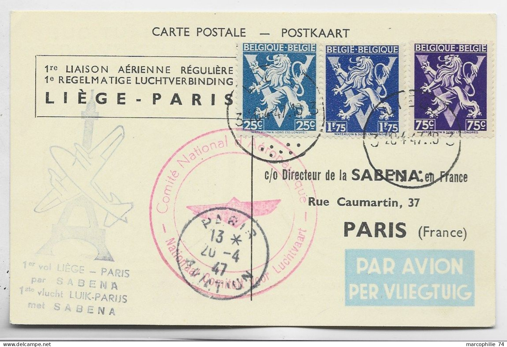 BELGIQUE  LION 25C+75C+1FR75 CARTE SPECIALE  SABENA PAR AVION LIEGE PARIS 1947 - Briefe U. Dokumente