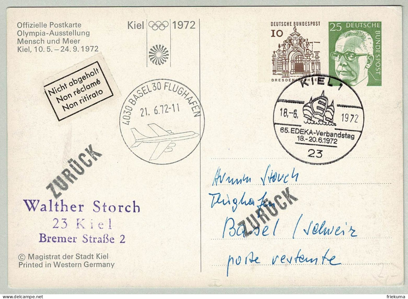 Deutsche Bundespost 1972, Ganzsachenkarte Olympia-Ausstellung EDEKA-Verbandstag Kiel - Basel Flughafen, Zurück, Segeln - Postkarten - Gebraucht