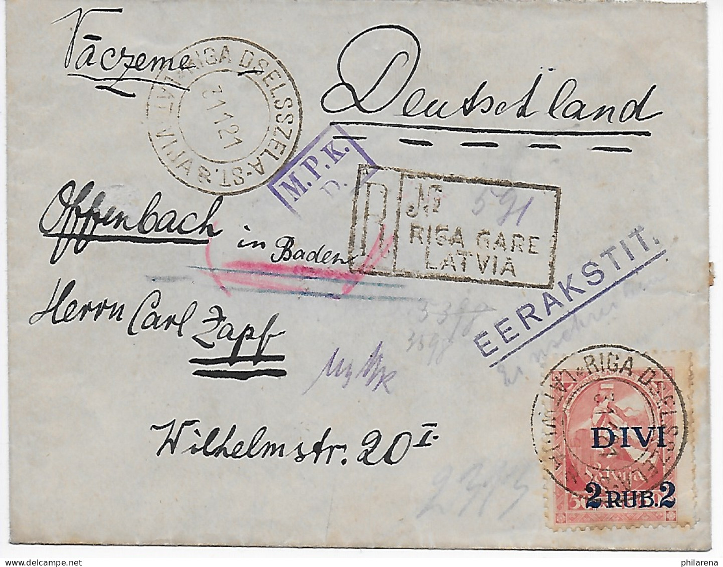 Riga Einschreiben 1921 Nach Offenbach - Lettland