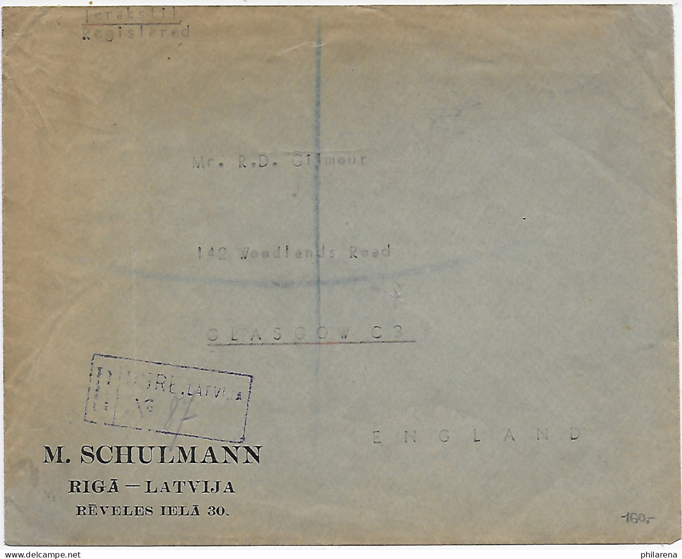 Riga Einschreiben Nach Glasgow, 1926 - Lettland