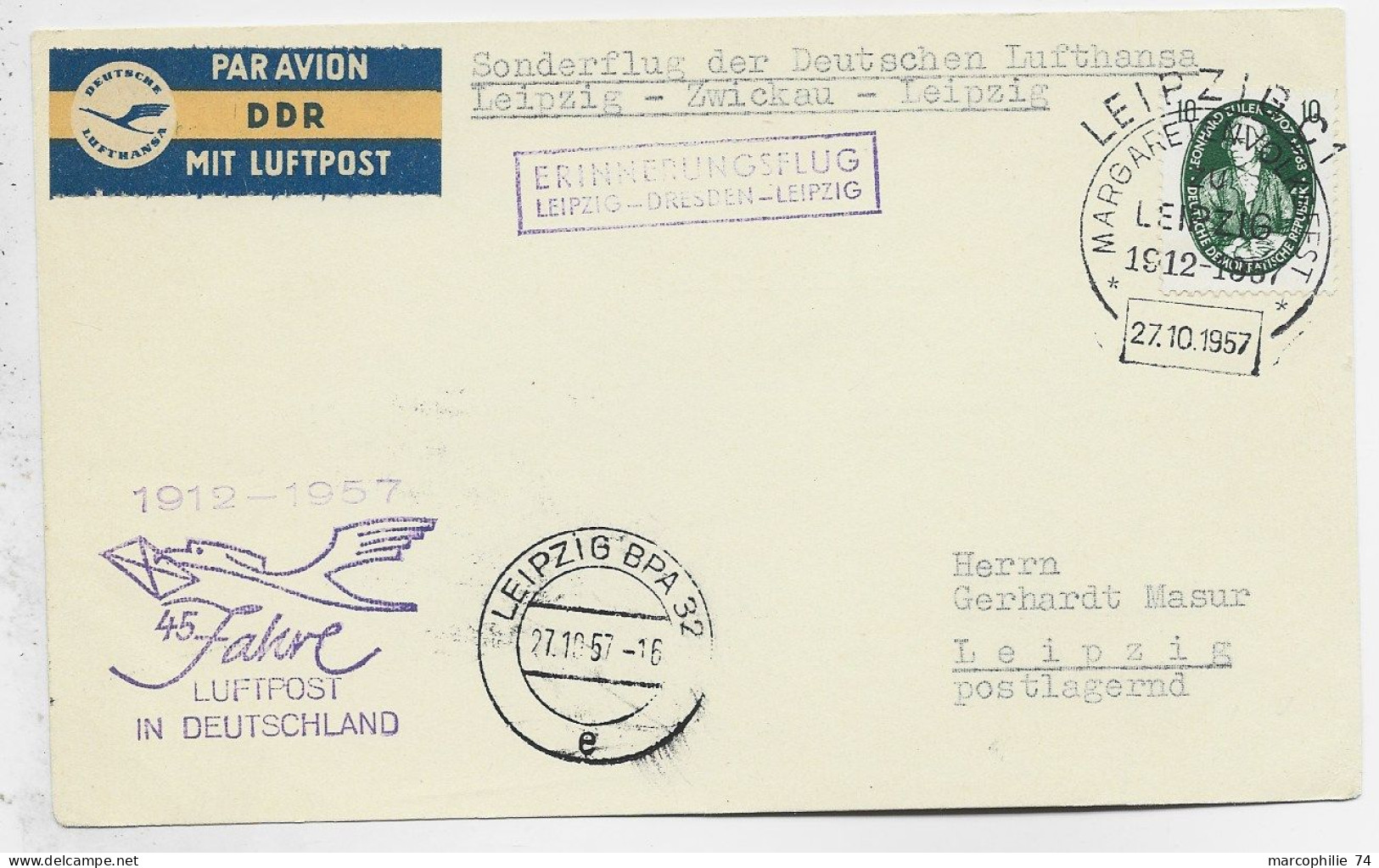 GERMANY KARTE AVION MARGARET  27.10.1957 TO LEIPZIG - Luftpost