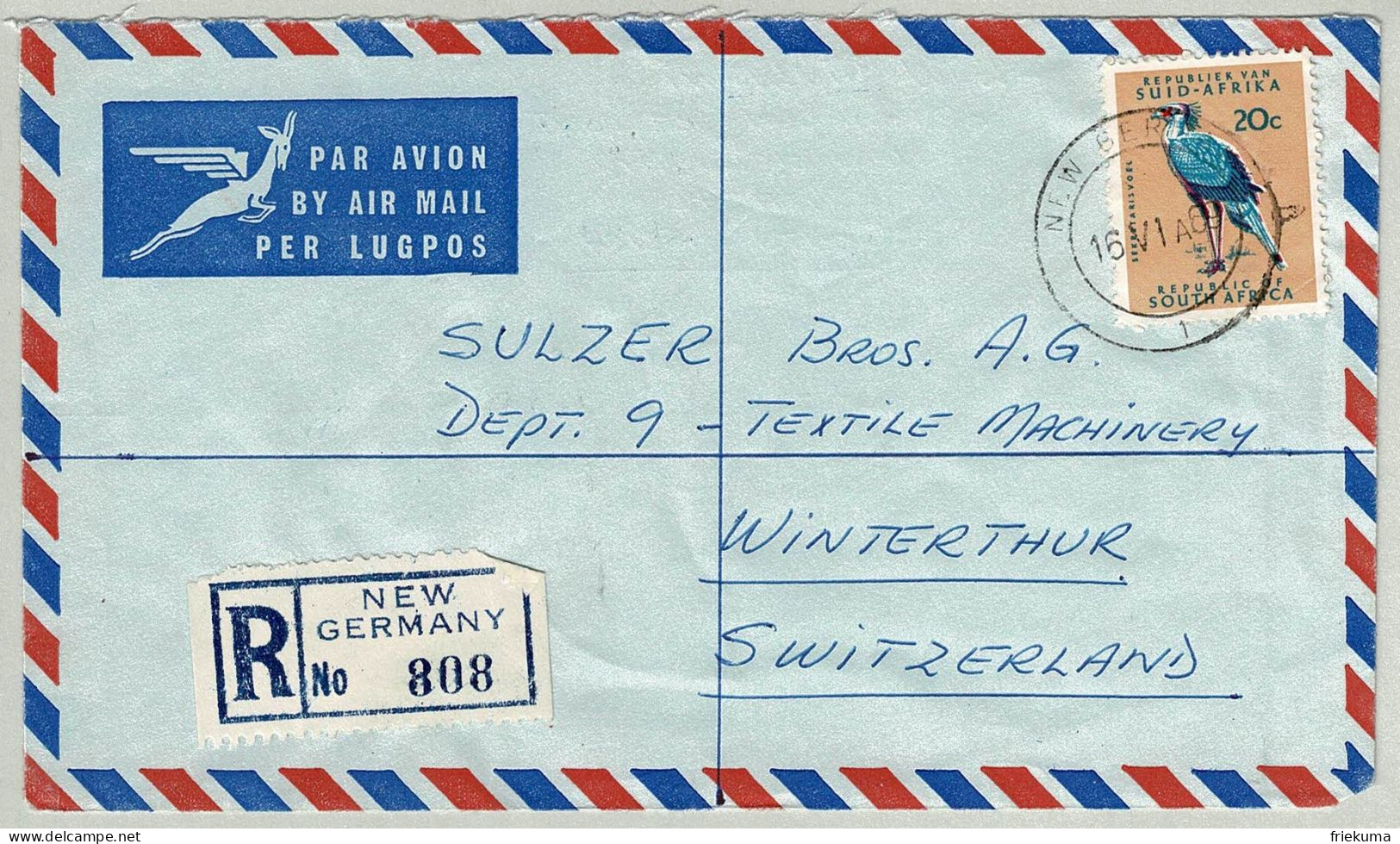 Südafrika / RSA 1969, Luftpostbrief New Germany - Winterthur (Schweiz), Sekretär / Sagittarius Serpentarius - Lettres & Documents