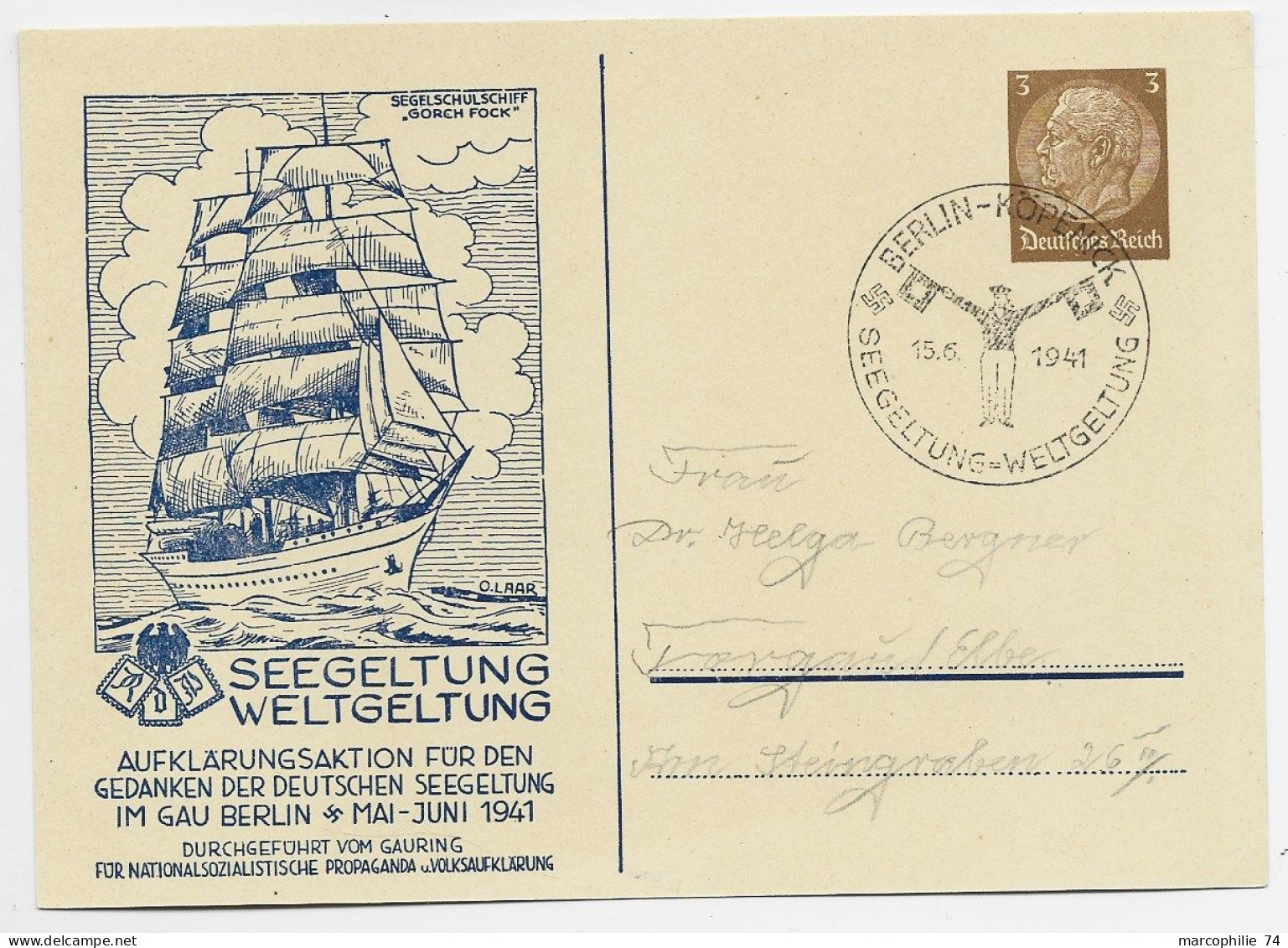 GERMANY ENTIER 3C REICH POSTKARTE SEEGELTUNG BOAT  BERLIN 15.6.1941 - Private Postal Stationery